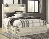 Cambeck Queen Panel Bed with 2 Storage Drawers with Mirrored Dresser and Chest in Whitewash