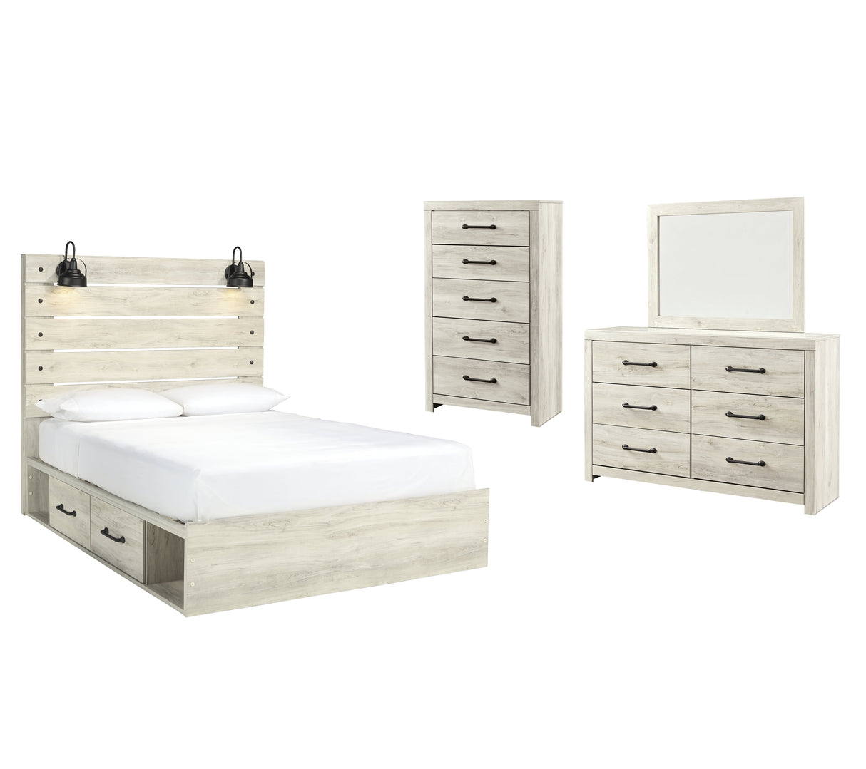 Cambeck Queen Panel Bed with 2 Storage Drawers with Mirrored Dresser and Chest in Whitewash