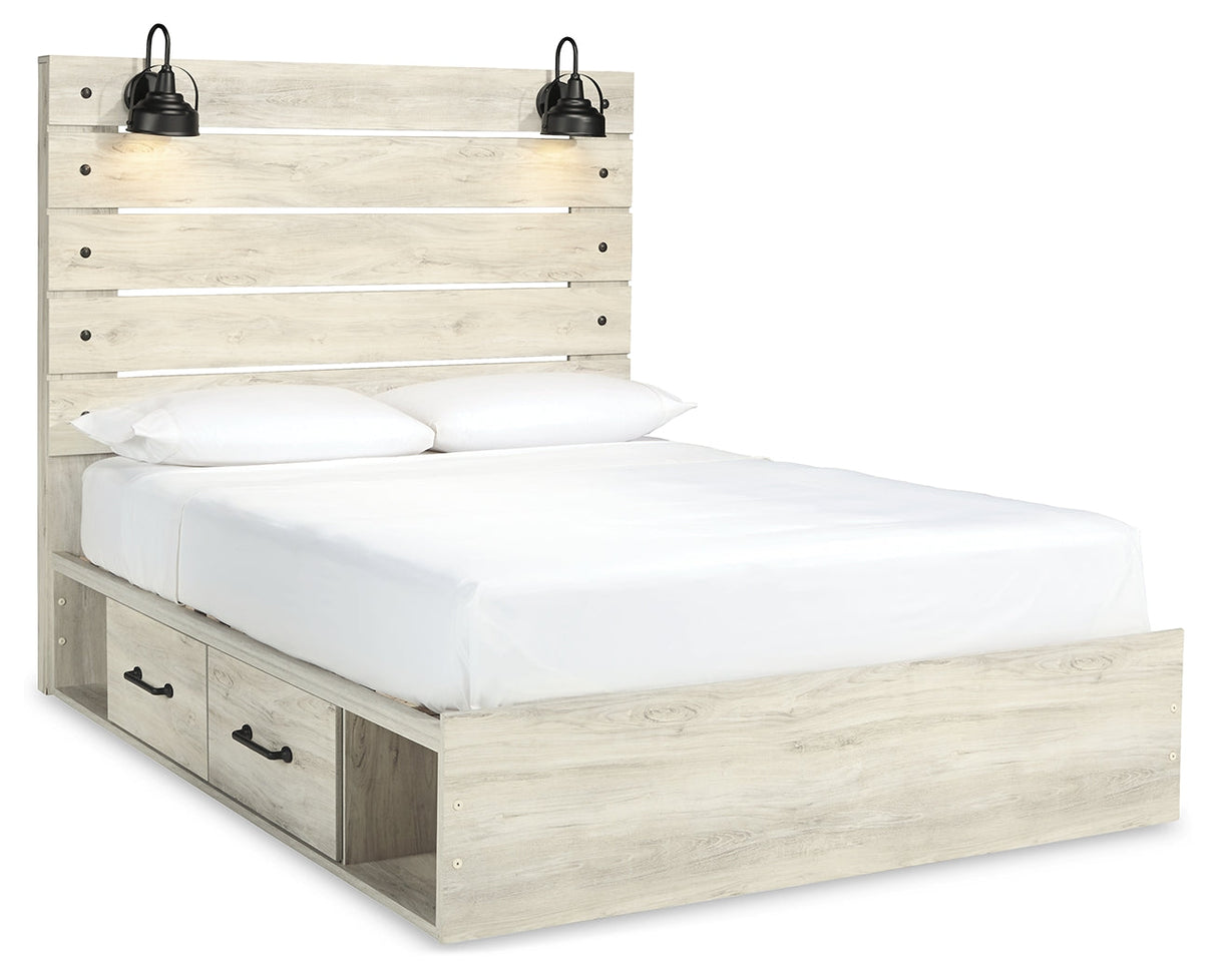 Cambeck Queen Panel Bed with 2 Storage Drawers with Mirrored Dresser and Chest in Whitewash