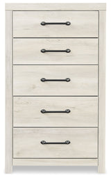 Cambeck Queen Panel Bed with 2 Storage Drawers with Mirrored Dresser and Chest in Whitewash