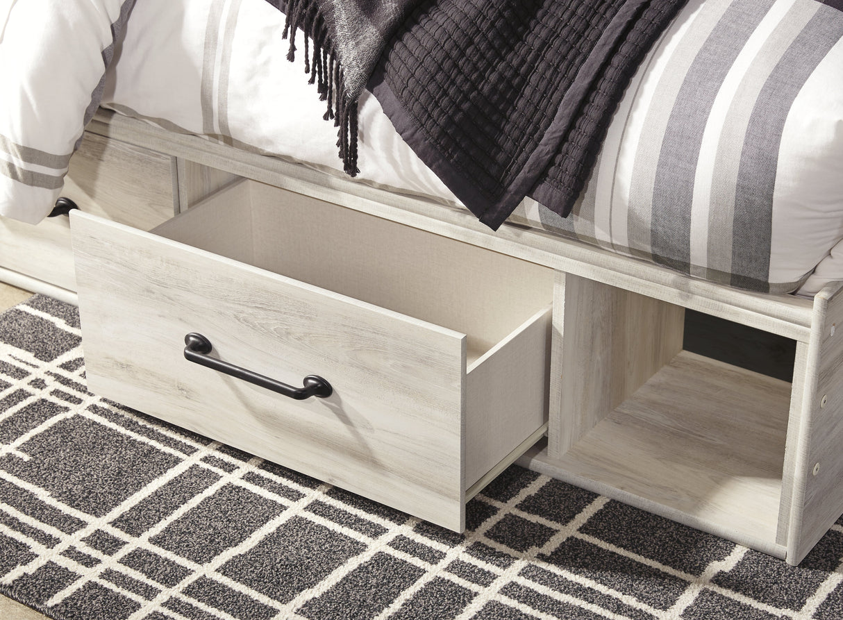 Cambeck Queen Panel Bed with 2 Storage Drawers with Mirrored Dresser and Chest in Whitewash