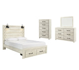 Cambeck Queen Panel Bed with 2 Storage Drawers with Mirrored Dresser and Chest in Whitewash