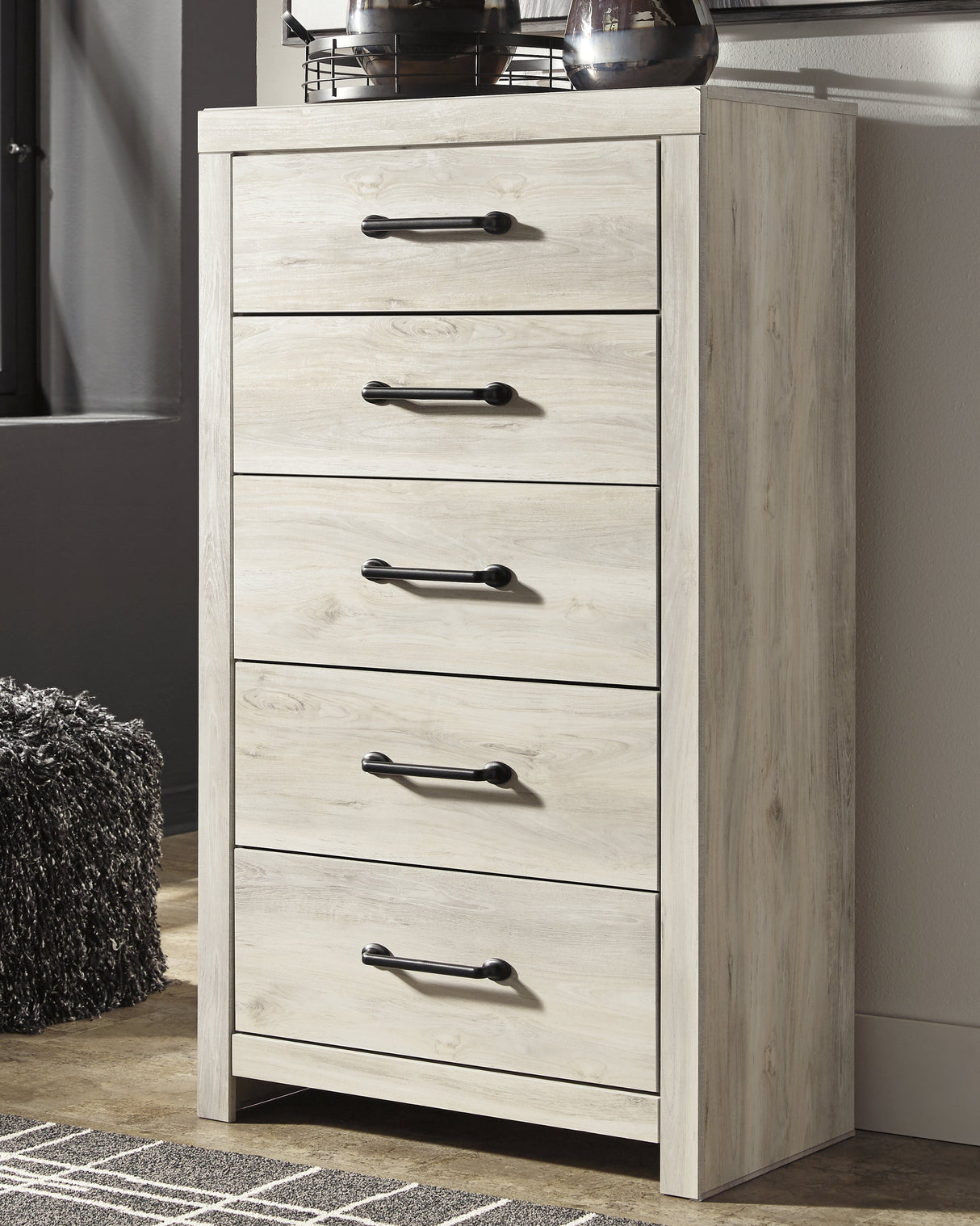 Cambeck Queen Panel Bed with 2 Storage Drawers with Mirrored Dresser and Chest in Whitewash