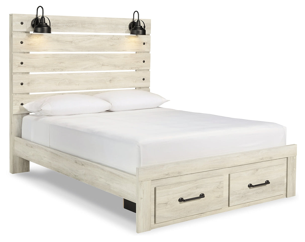 Cambeck Queen Panel Bed with 2 Storage Drawers with Mirrored Dresser and Chest in Whitewash