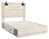 Cambeck Queen Panel Bed with 2 Storage Drawers with Mirrored Dresser and Nightstand in Whitewash