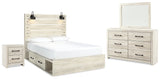 Cambeck Queen Panel Bed with 2 Storage Drawers with Mirrored Dresser and Nightstand in Whitewash