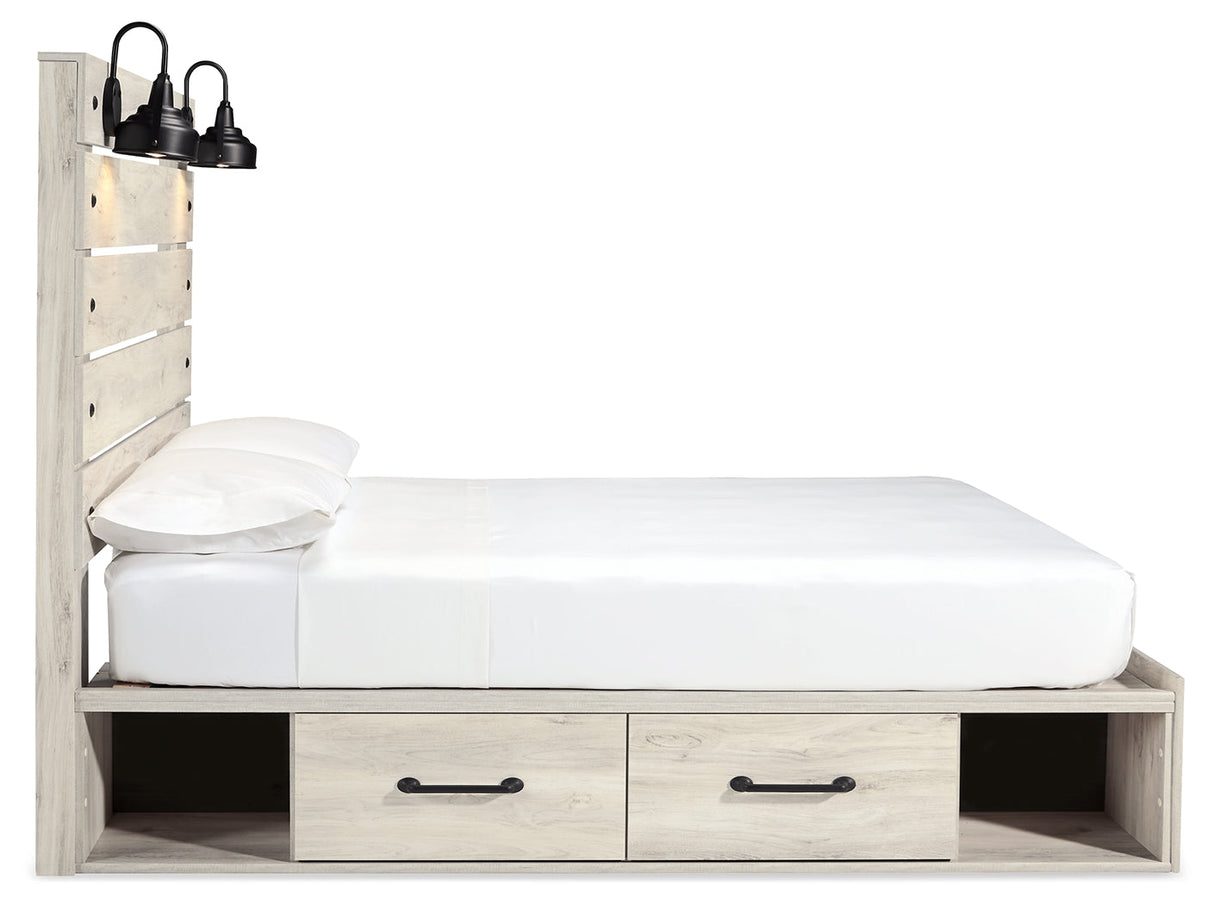 Cambeck Queen Panel Bed with 2 Storage Drawers with Mirrored Dresser and Nightstand in Whitewash