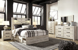 Cambeck Queen Panel Bed with 2 Storage Drawers with Mirrored Dresser, Chest and 2 Nightstands in Whitewash