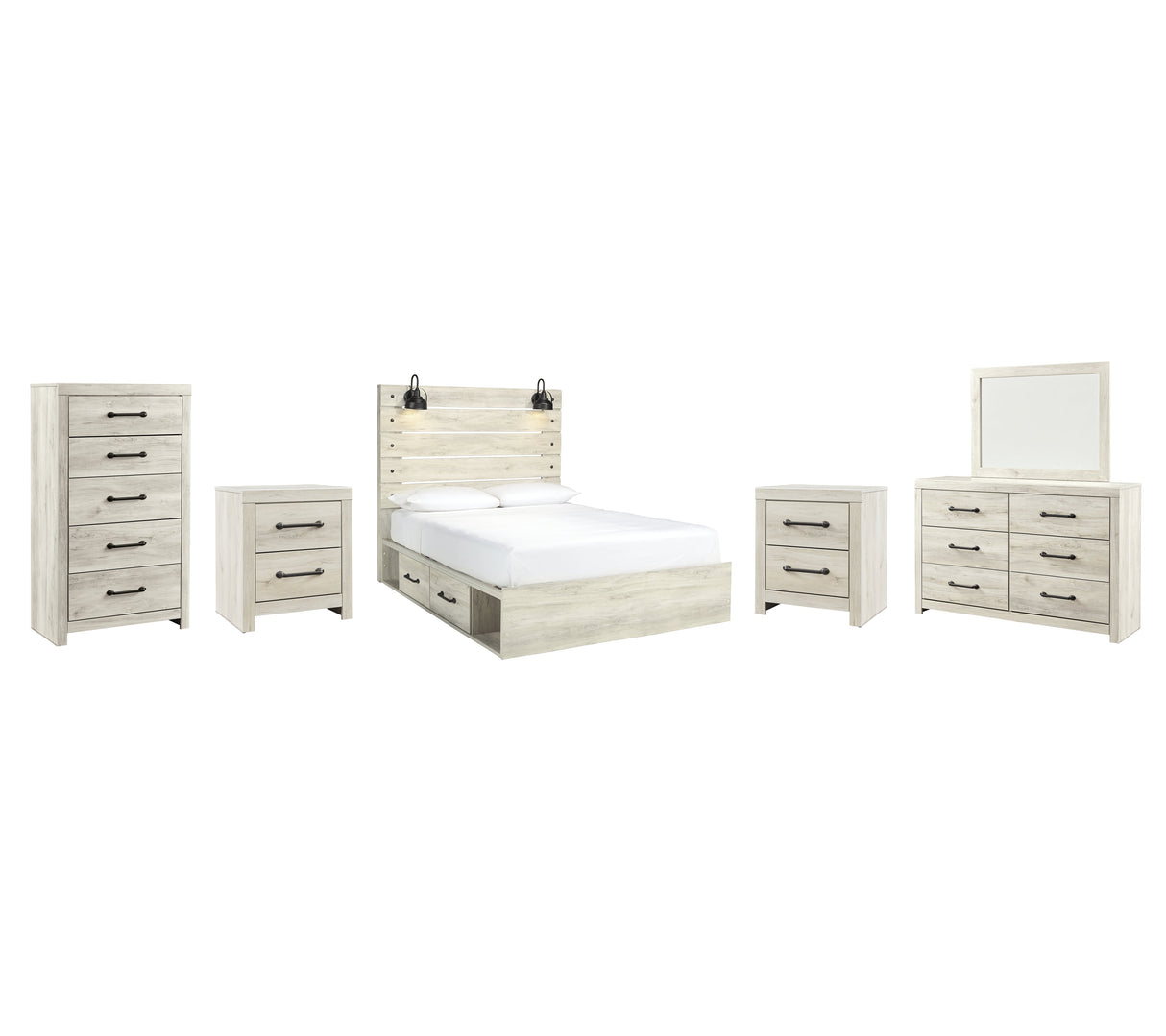 Cambeck Queen Panel Bed with 2 Storage Drawers with Mirrored Dresser, Chest and 2 Nightstands in Whitewash