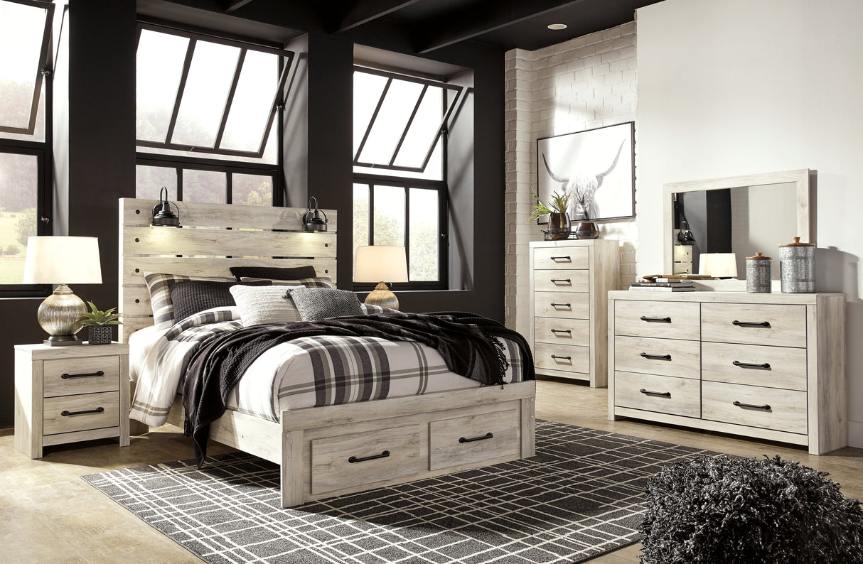 Cambeck Queen Panel Bed with 2 Storage Drawers with Mirrored Dresser, Chest and Nightstand in Whitewash