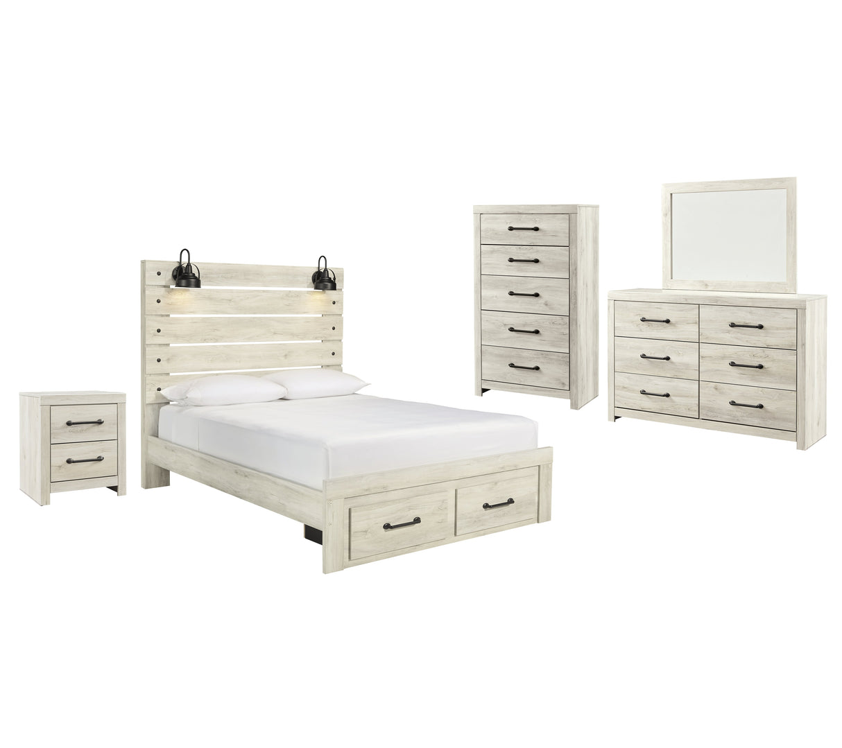 Cambeck Queen Panel Bed with 2 Storage Drawers with Mirrored Dresser, Chest and Nightstand in Whitewash