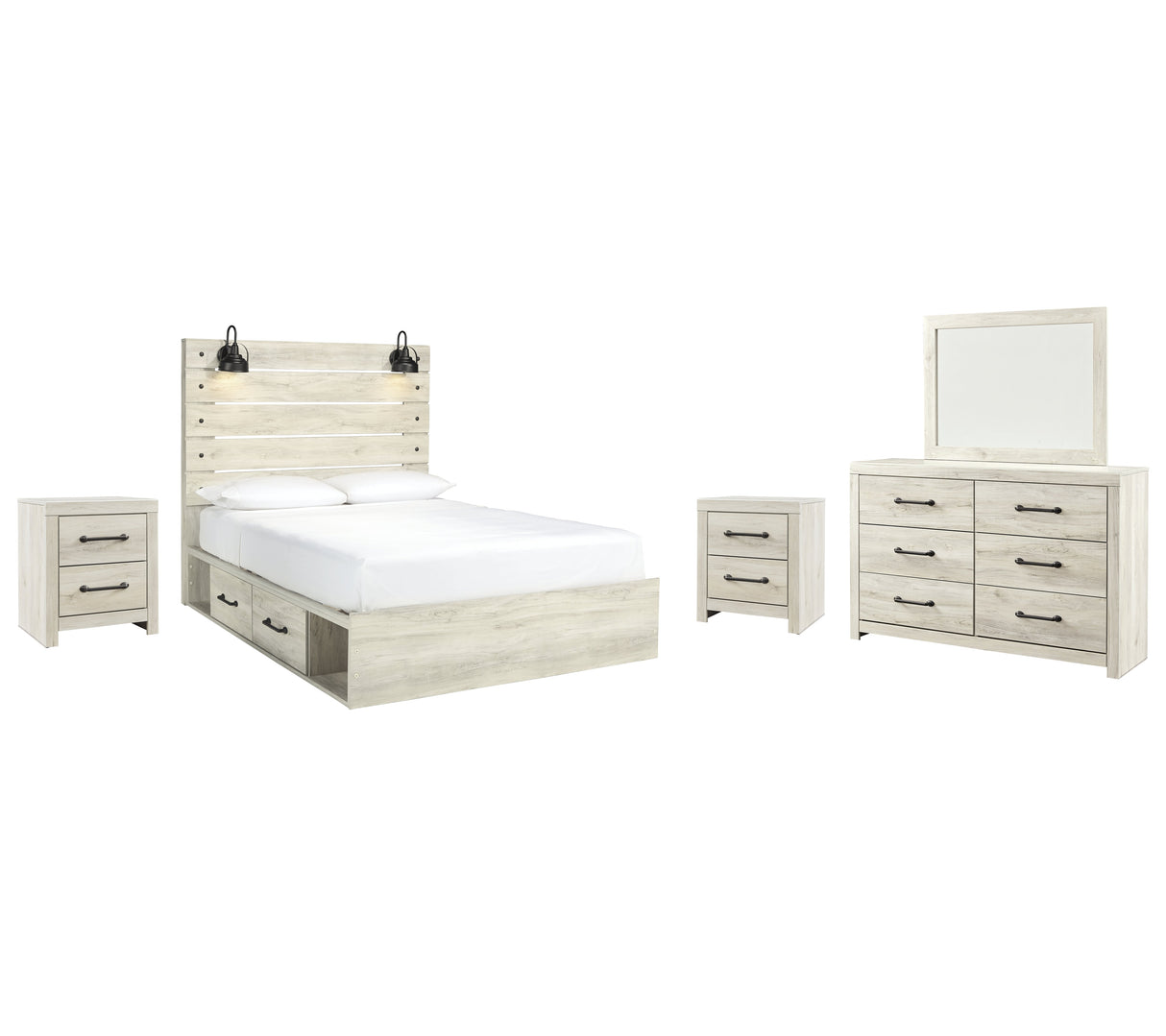 Cambeck Queen Panel Bed with 4 Storage Drawers with Mirrored Dresser and 2 Nightstands in Whitewash