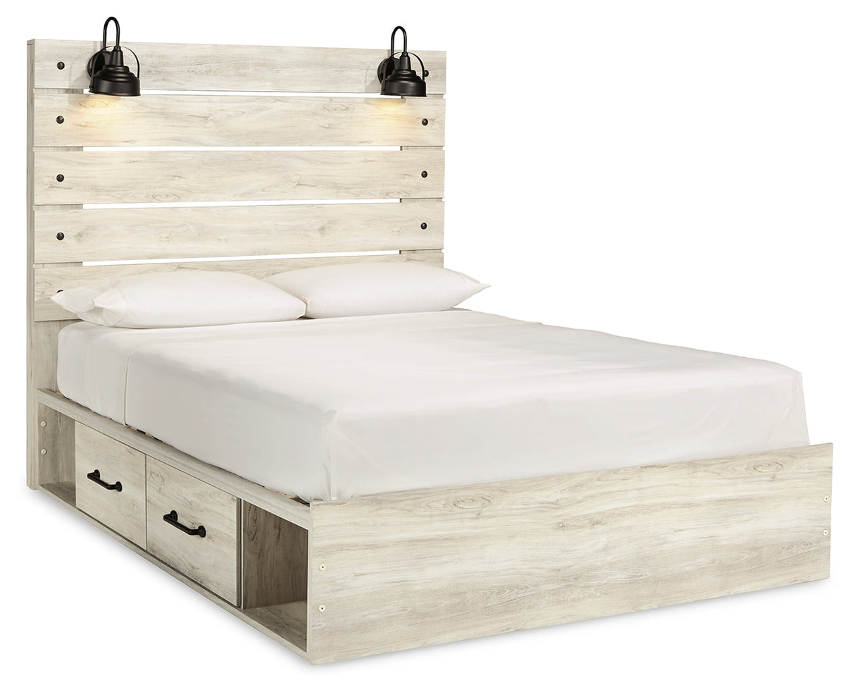 Cambeck Queen Panel Bed with 4 Storage Drawers with Mirrored Dresser and 2 Nightstands in Whitewash