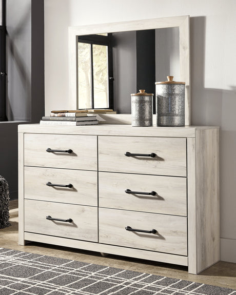 Cambeck Queen Panel Bed with Mirrored Dresser and Chest in Whitewash