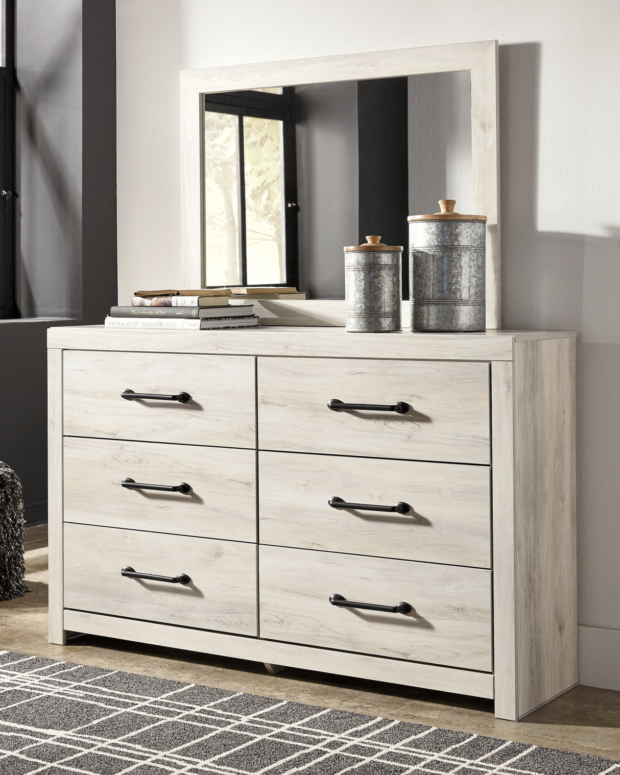 Cambeck Queen Panel Bed with Mirrored Dresser and Nightstand in Whitewash