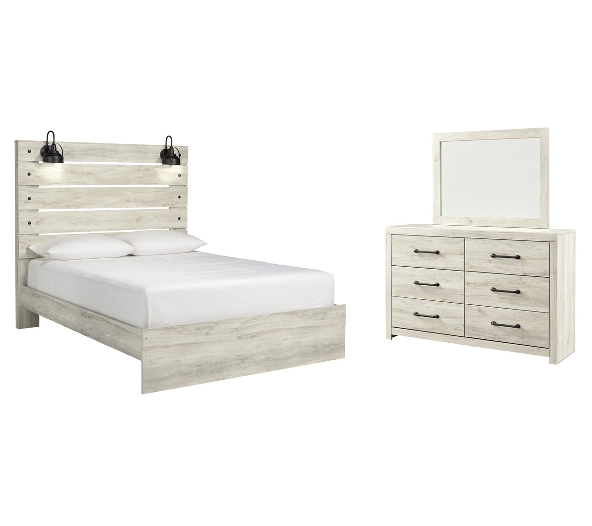 Cambeck Queen Panel Bed with Mirrored Dresser in Whitewash