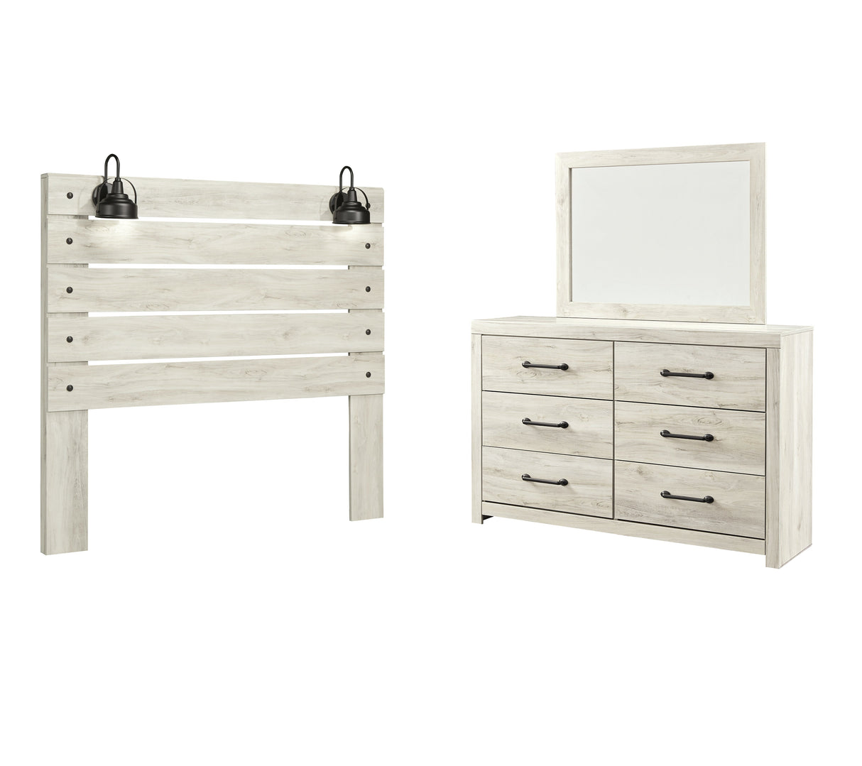 Cambeck Queen Panel Headboard Bed with Mirrored Dresser in Whitewash