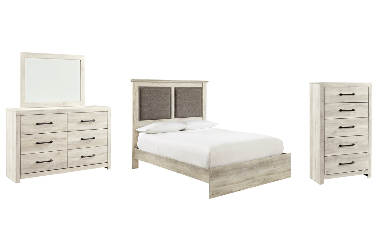 Cambeck Queen Upholstered Panel Bed with Mirrored Dresser and Chest in Whitewash