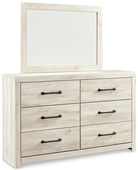 Cambeck Queen Upholstered Panel Bed with Mirrored Dresser and Chest in Whitewash