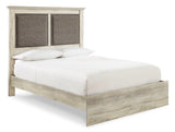 Cambeck Queen Upholstered Panel Bed with Mirrored Dresser and Chest in Whitewash