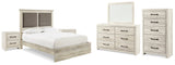 Cambeck Queen Upholstered Panel Bed with Mirrored Dresser, Chest and 2 Nightstands in Whitewash