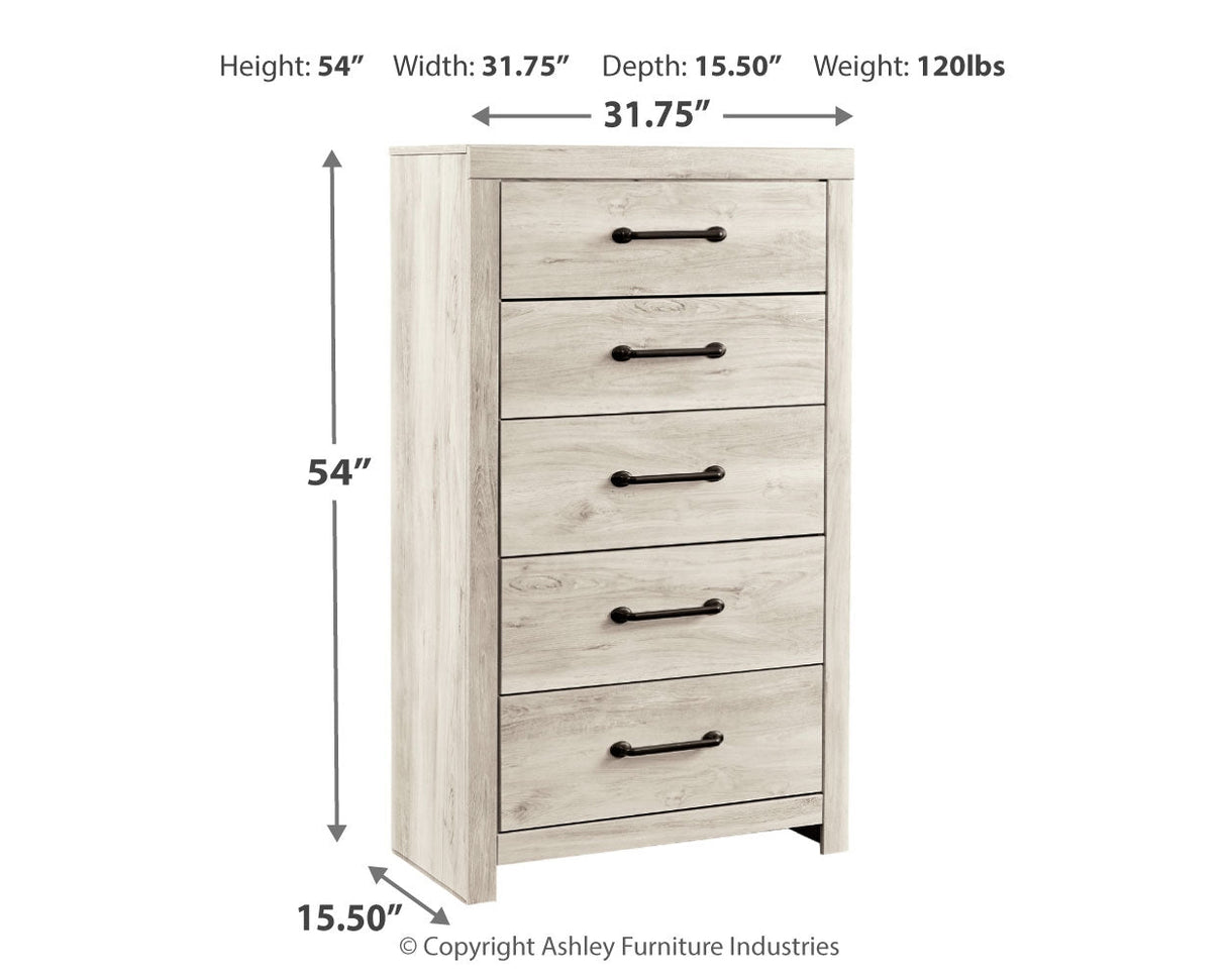 Cambeck Queen Upholstered Panel Bed with Mirrored Dresser, Chest and 2 Nightstands in Whitewash