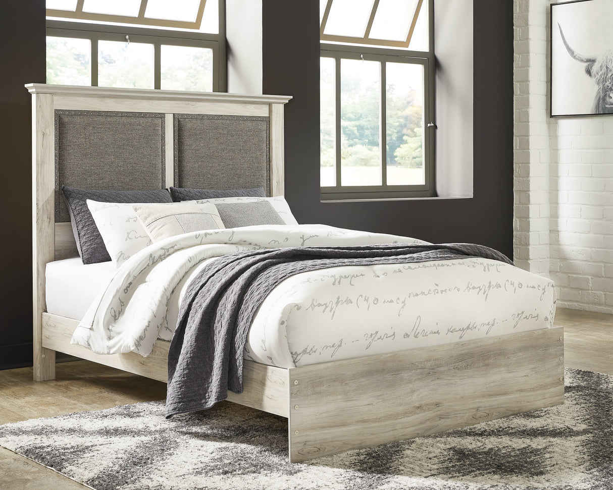 Cambeck Queen Upholstered Panel Bed with Mirrored Dresser, Chest and 2 Nightstands in Whitewash