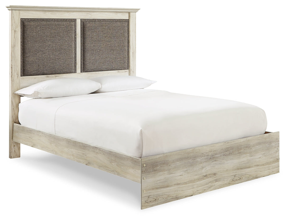 Cambeck Queen Upholstered Panel Bed with Mirrored Dresser, Chest and 2 Nightstands in Whitewash