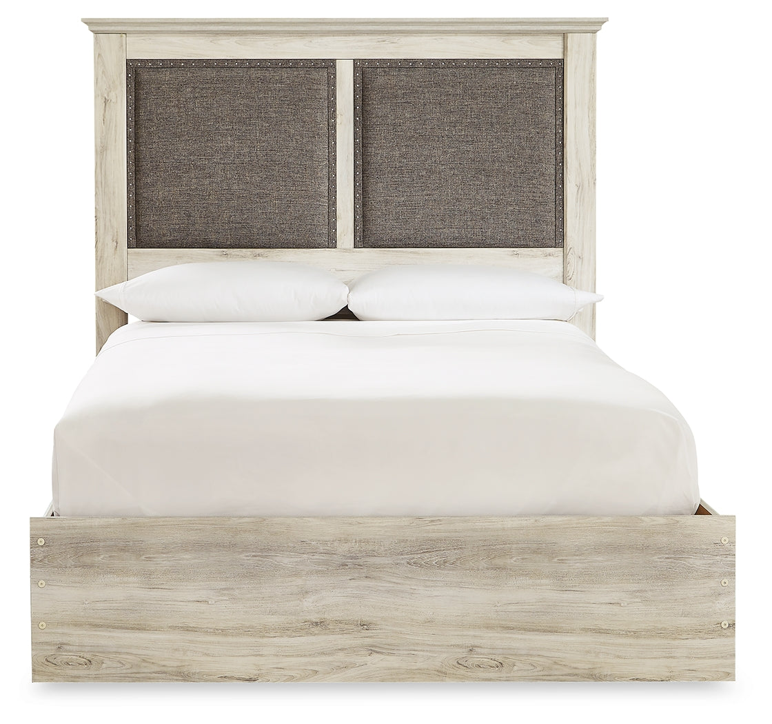 Cambeck Queen Upholstered Panel Bed with Mirrored Dresser, Chest and 2 Nightstands in Whitewash