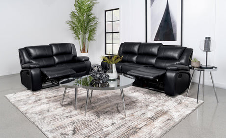 Camila Black 2-piece Upholstered Motion Reclining Sofa Set by Coaster at Eve Furniture
