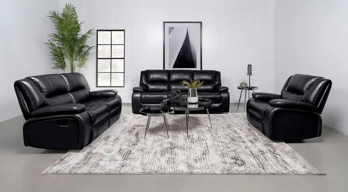 Camila Black Upholstered Motion Reclining Sofa by Coaster at Eve Furniture