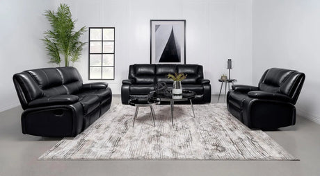 Camila Black Upholstered Motion Reclining Sofa by Coaster at Eve Furniture