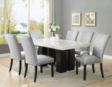 Camila Marble Dining Group(Table & 4 Blue Velvet Side Chairs)Black and Silver Side Chairs Can Be Added Optionally