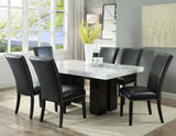 Camila Marble Dining Group(Table & 4 Blue Velvet Side Chairs)Black and Silver Side Chairs Can Be Added Optionally