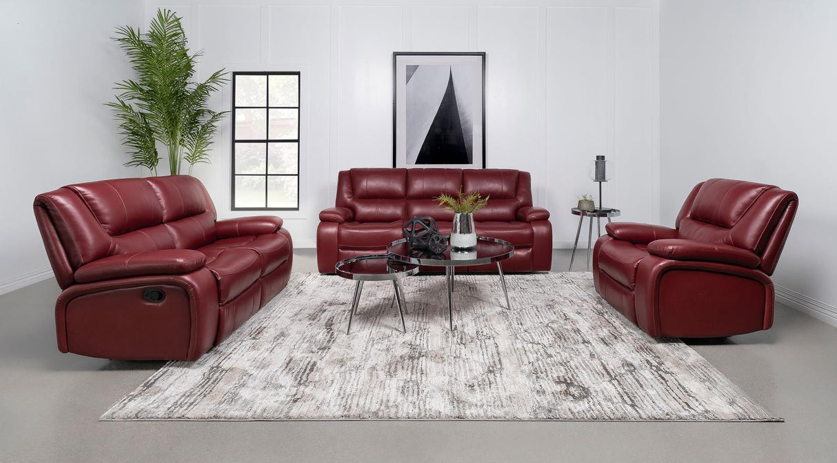 Camila Red Faux Leather 3-piece Upholstered Reclining Sofa Set by Coaster at Eve Furniture