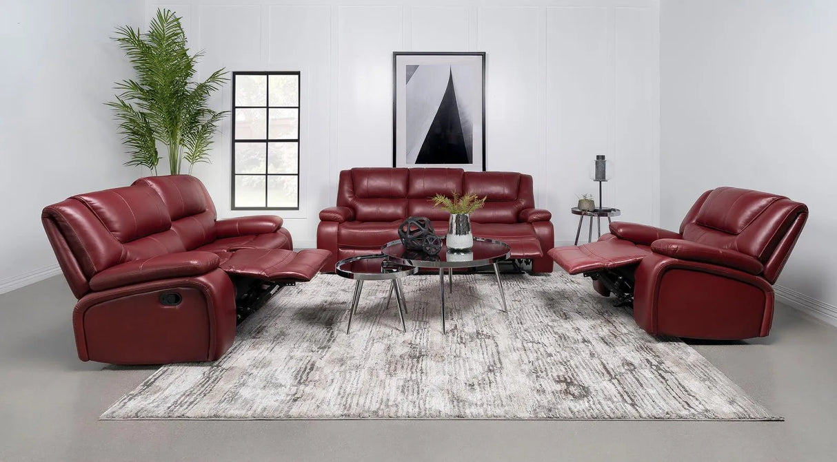 Camila Red Faux Leather 3-piece Upholstered Reclining Sofa Set by Coaster at Eve Furniture