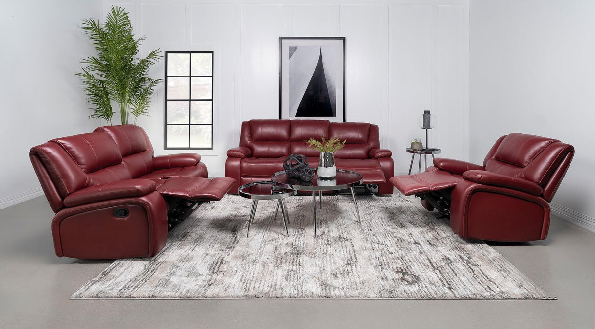 Camila Red Faux Leather Upholstered Motion Reclining Sofa by Coaster at Eve Furniture