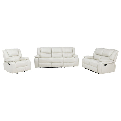 Camila White 3-Piece Upholstered Reclining Sofa Set by Coaster at Eve Furniture