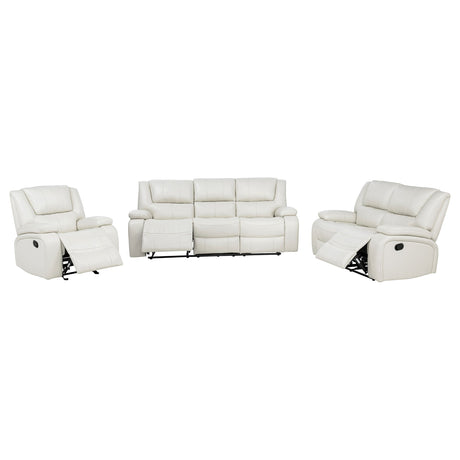 Camila White 3-Piece Upholstered Reclining Sofa Set by Coaster at Eve Furniture