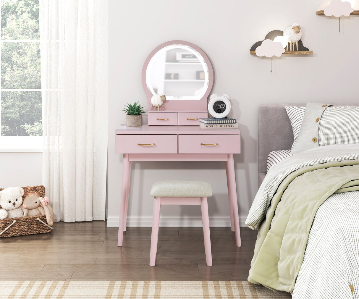 Camilla Pink Vanity Dressing Table with Mirror and Stool by Homelegance at Eve Furniture