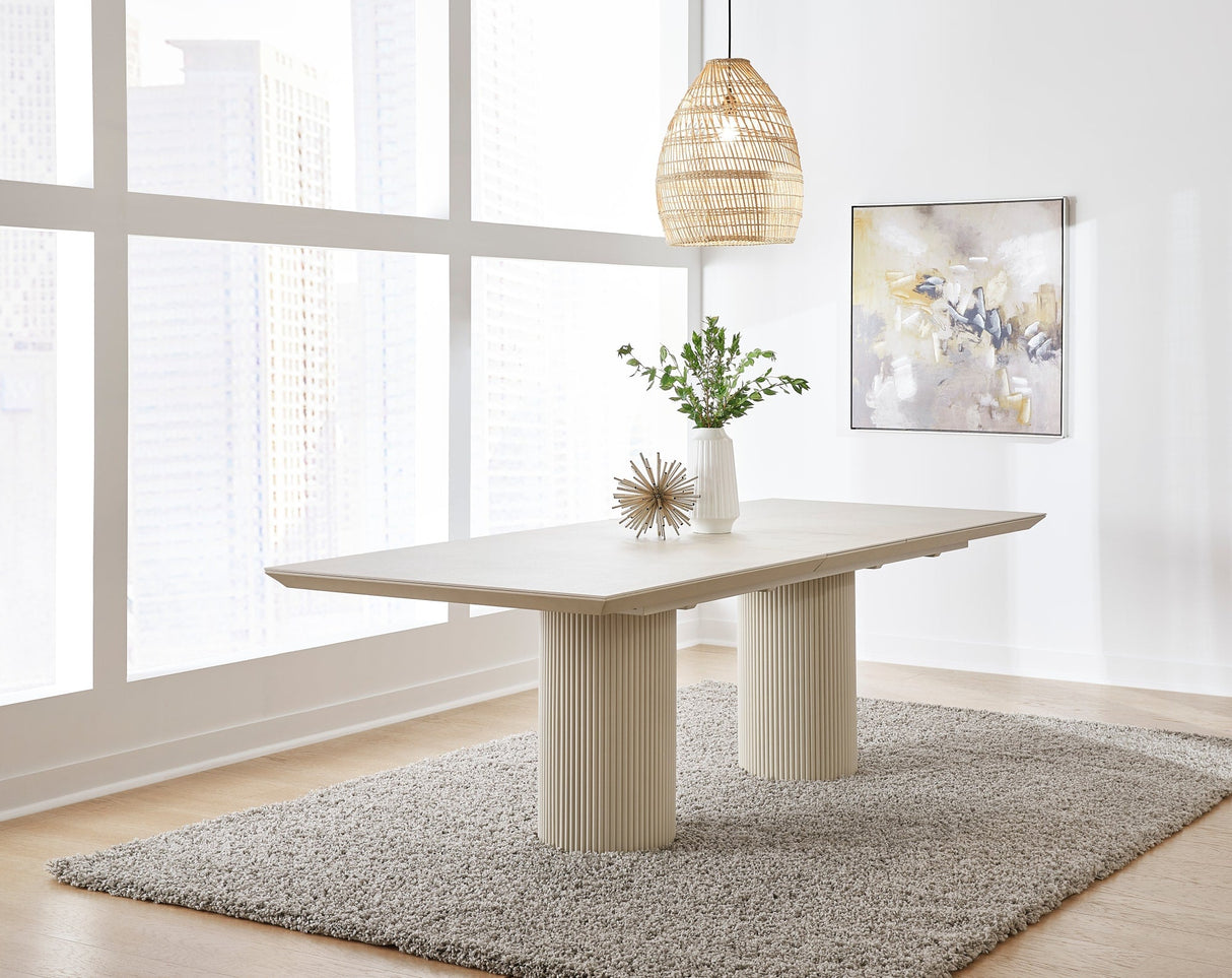 Cannon Sintered Stone/Ivory Double Pedestal Extension Dining Table by Modus Furniture at Eve Furniture
