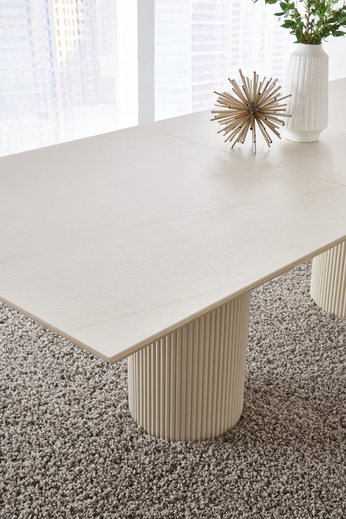 Cannon Sintered Stone/Ivory Double Pedestal Extension Dining Table by Modus Furniture at Eve Furniture