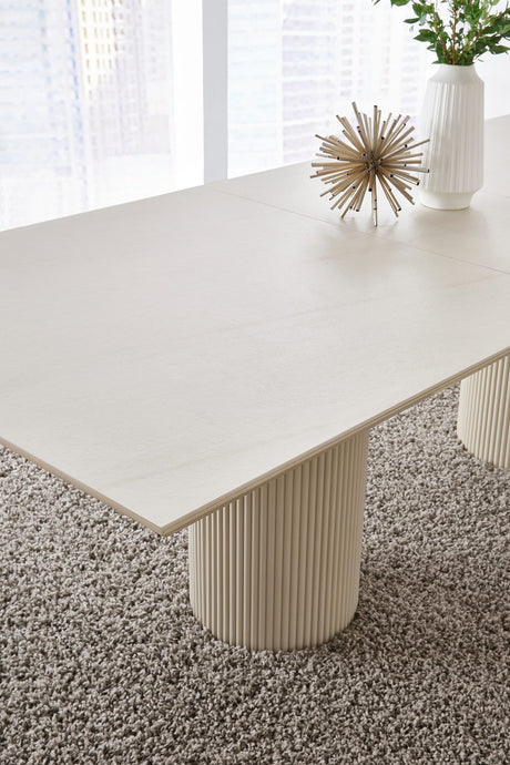 Cannon Sintered Stone/Ivory Double Pedestal Extension Dining Table by Modus Furniture at Eve Furniture