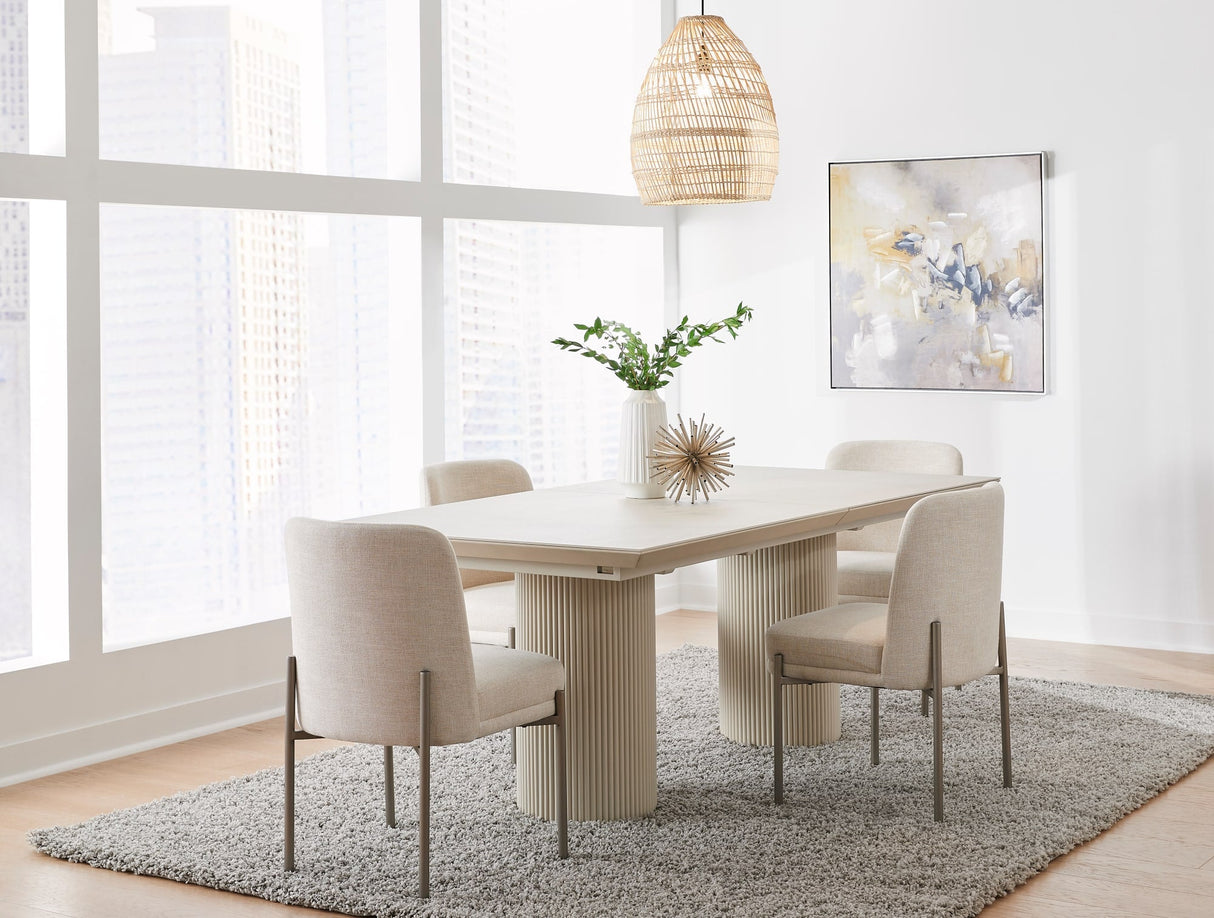 Cannon Sintered Stone/Ivory Double Pedestal Extension Dining Table by Modus Furniture at Eve Furniture
