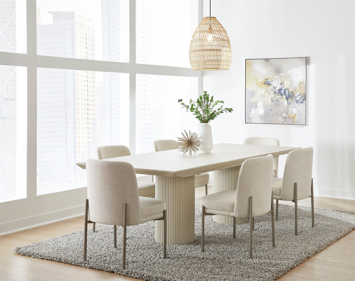 Cannon Sintered Stone/Ivory Double Pedestal Extension Dining Table by Modus Furniture at Eve Furniture