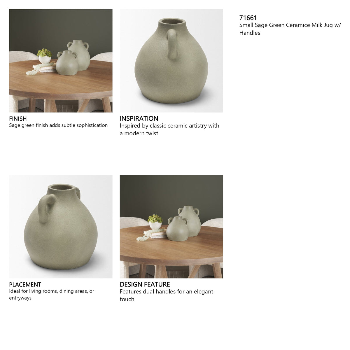 Cantara Small Sage Green Ceramic Milk Jug w/ Handles by Mercana at Eve Furniture