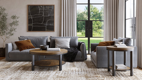 Canyon Solid Wood and Metal Round Coffee Table in Washed Grey by Modus Furniture at Eve Furniture
