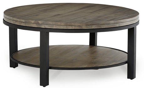Canyon Solid Wood and Metal Round Coffee Table in Washed Grey by Modus Furniture at Eve Furniture