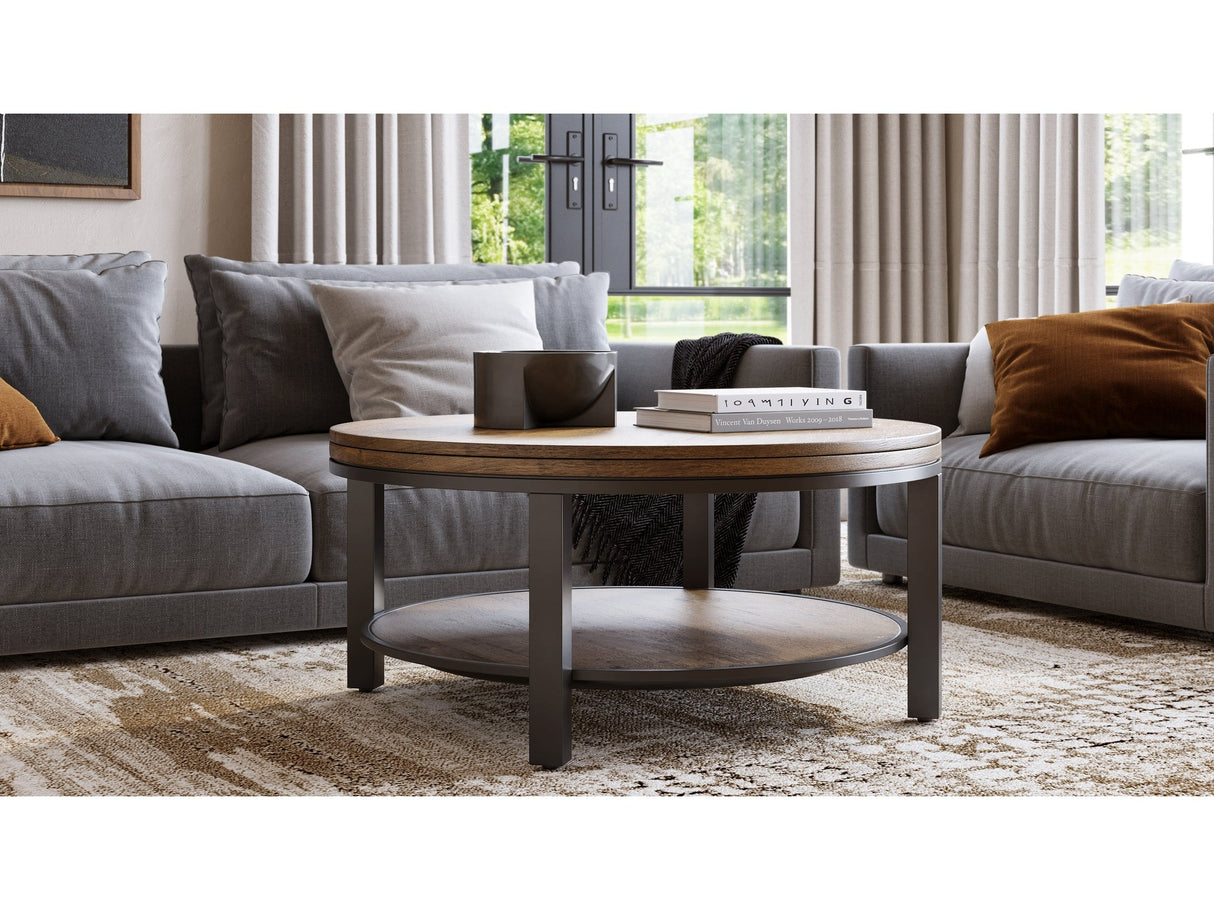 Canyon Solid Wood and Metal Round Coffee Table in Washed Grey by Modus Furniture at Eve Furniture