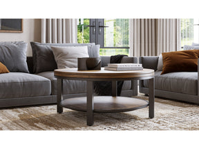 Canyon Solid Wood and Metal Round Coffee Table in Washed Grey by Modus Furniture at Eve Furniture